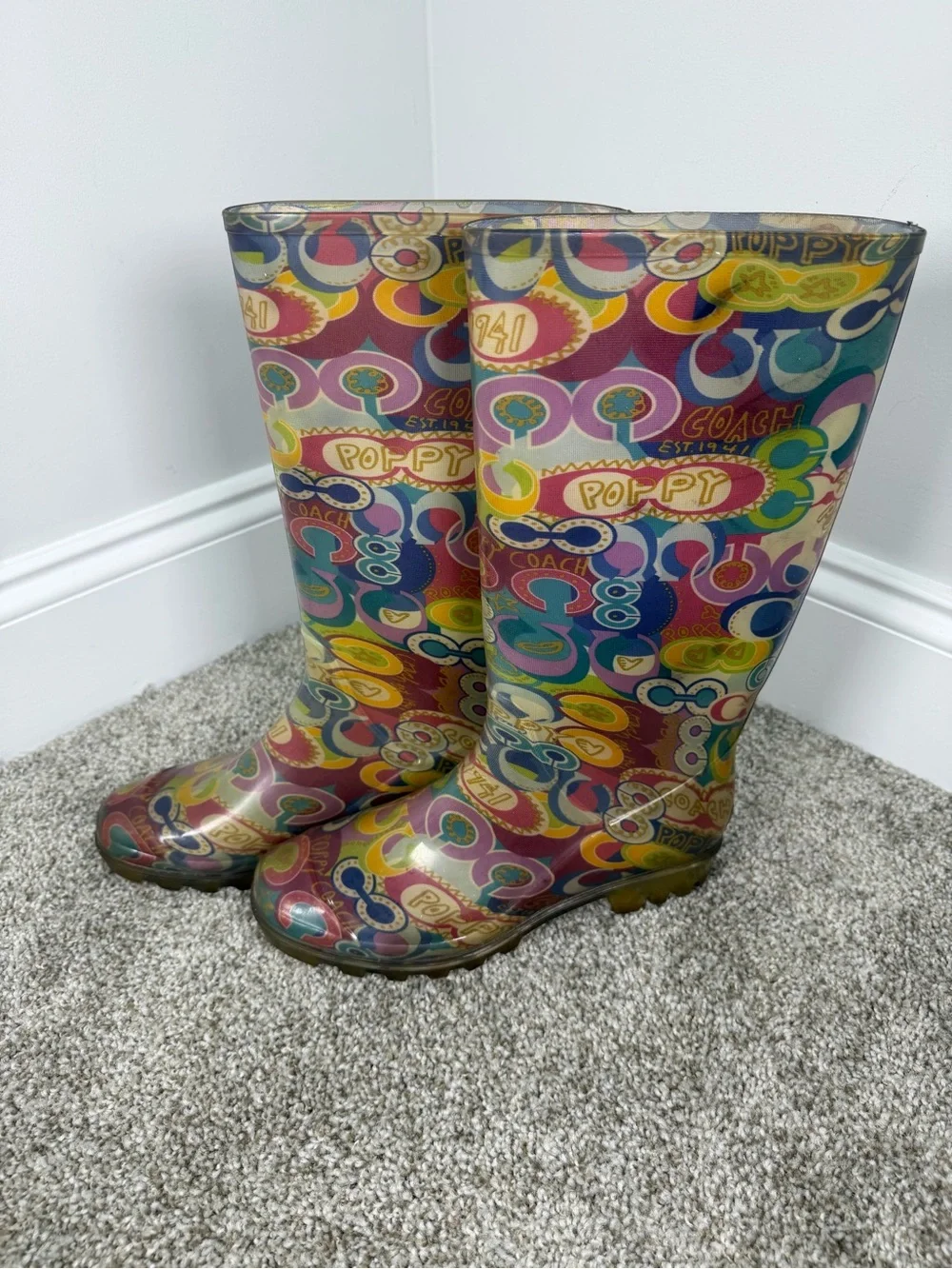 Coach Poppy Signature Logo Print Rain Boots Women’s Size 7 Multicolor Rubber